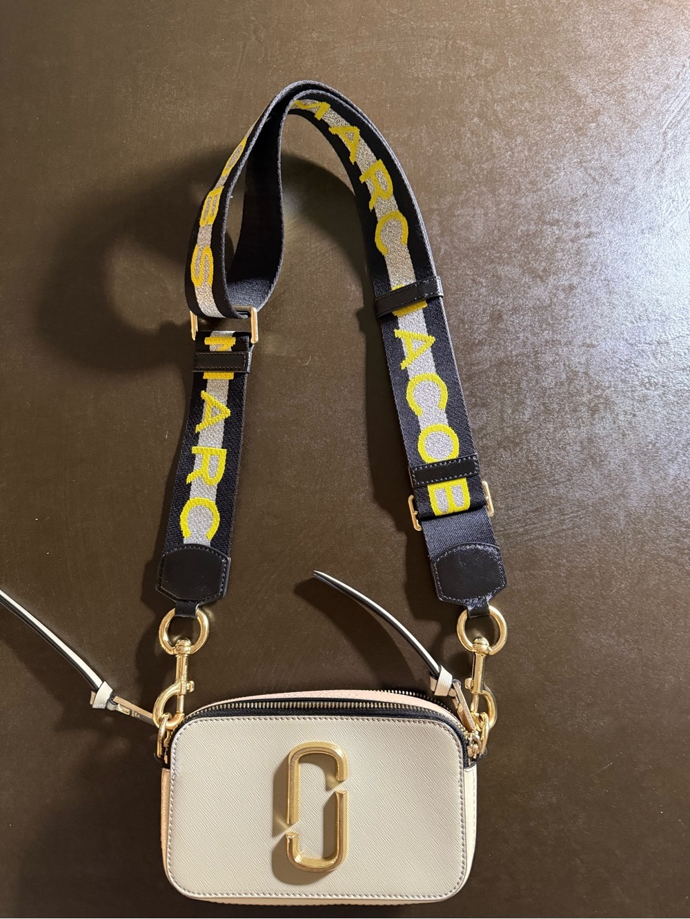Marc Jacobs Cream Leather Snapshot Bag with Black & Yellow Logo Strap
